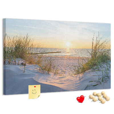 Bild mit Korkrückwand Sonnenuntergang über Strand und Dünen
