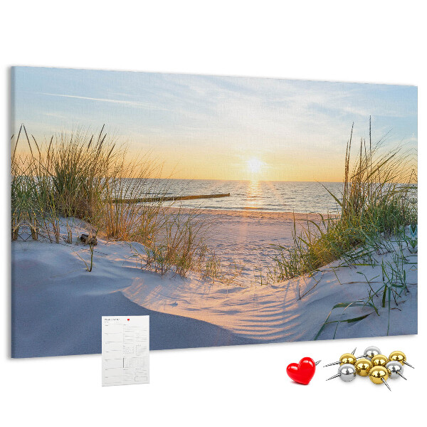 Bild mit Korkrückwand Sonnenuntergang über Strand und Dünen