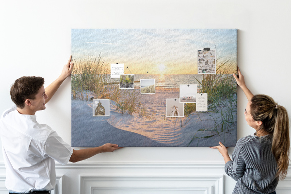 Bild mit Korkrückwand Sonnenuntergang über Strand und Dünen