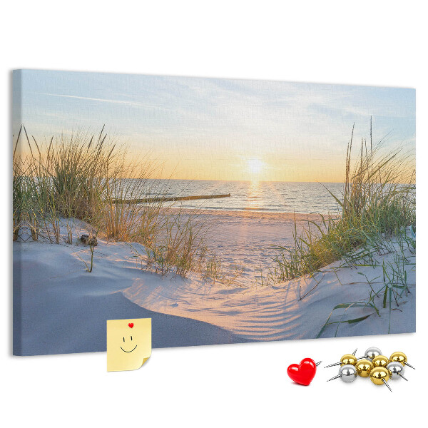 Bild mit Korkrückwand Sonnenuntergang über Strand und Dünen