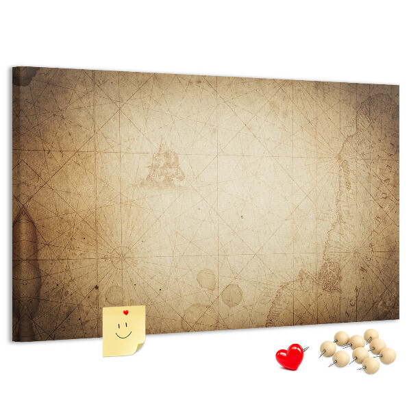 Weltkarte mit Korkrückwand antike Darstellung mit markierten Punkten