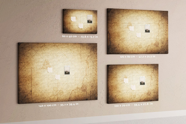 Weltkarte mit Korkrückwand antike Darstellung mit markierten Punkten