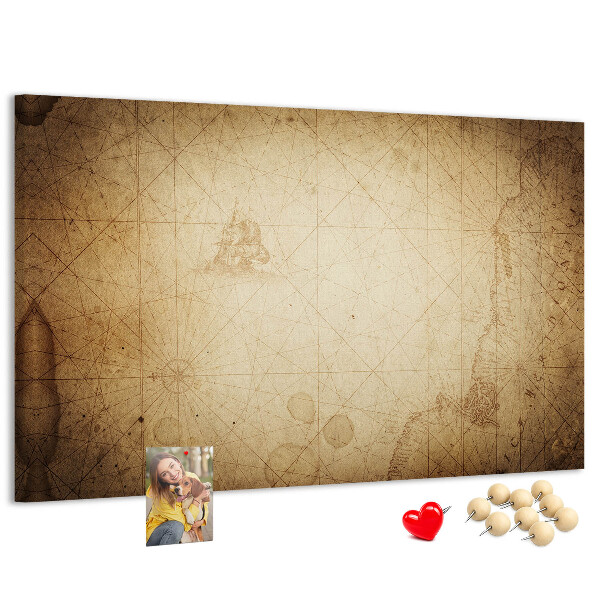 Weltkarte mit Korkrückwand antike Darstellung mit markierten Punkten