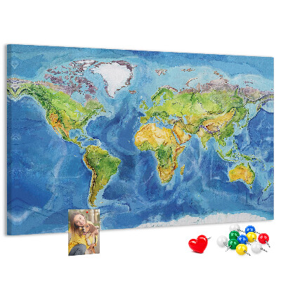 Weltkarte mit Korkrückwand in Pastellfarben