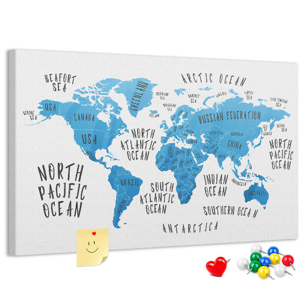 Korktafel Weltkarte mit Namen der Ozeane und Länder
