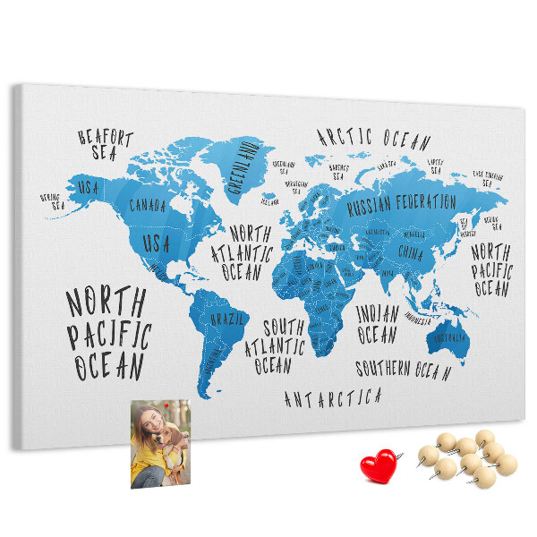 Korktafel Weltkarte mit Namen der Ozeane und Länder