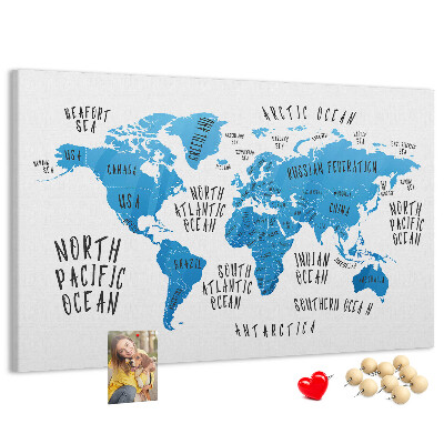 Korktafel Weltkarte mit Namen der Ozeane und Länder