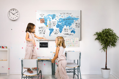 Korktafel Weltkarte mit Namen der Ozeane und Länder