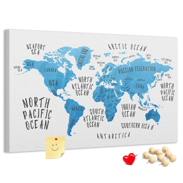 Korktafel Weltkarte mit Namen der Ozeane und Länder