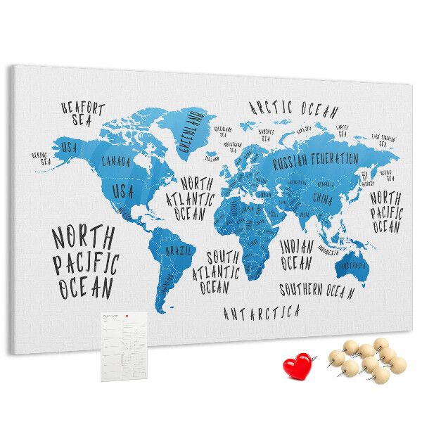 Korktafel Weltkarte mit Namen der Ozeane und Länder