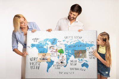 Korktafel Weltkarte mit Namen der Ozeane und Länder