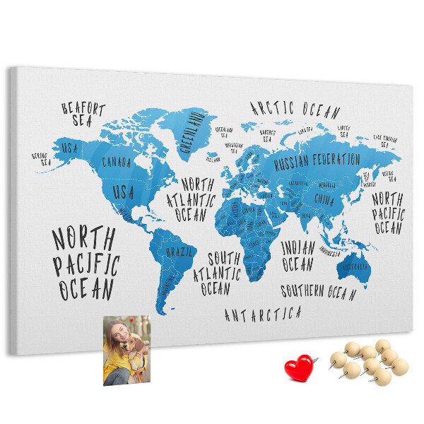 Korktafel Weltkarte mit Namen der Ozeane und Länder