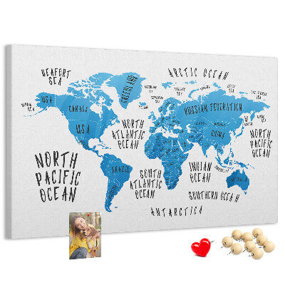 Korktafel Weltkarte mit Namen der Ozeane und Länder