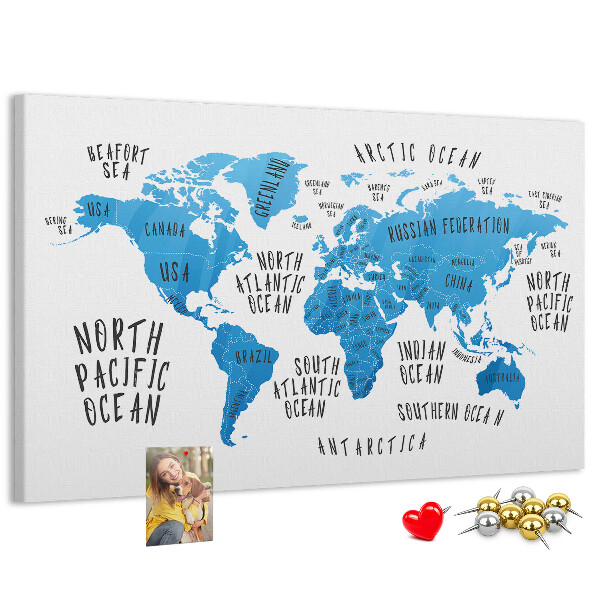 Korktafel Weltkarte mit Namen der Ozeane und Länder