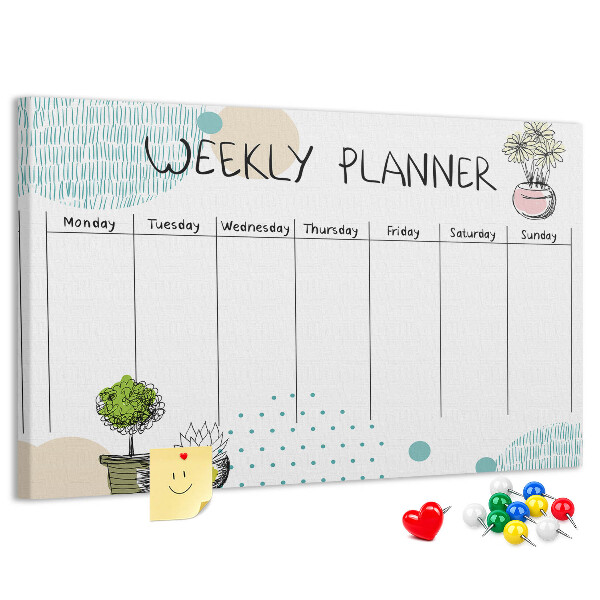 Wochenplaner buntes Design mit Pflanzen und Korkoberfläche