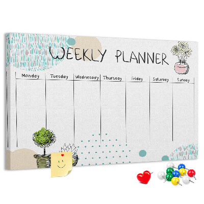 Wochenplaner buntes Design mit Pflanzen und Korkoberfläche