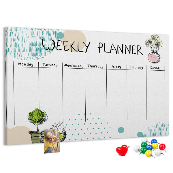 Wochenplaner buntes Design mit Pflanzen und Korkoberfläche