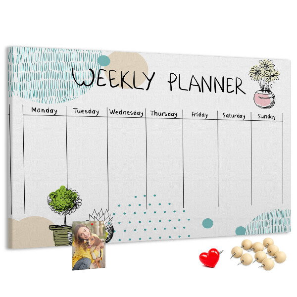 Wochenplaner buntes Design mit Pflanzen und Korkoberfläche