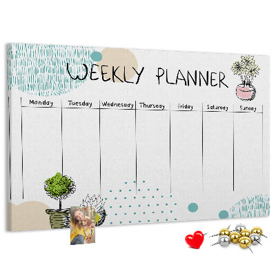 Wochenplaner buntes Design mit Pflanzen und Korkoberfläche