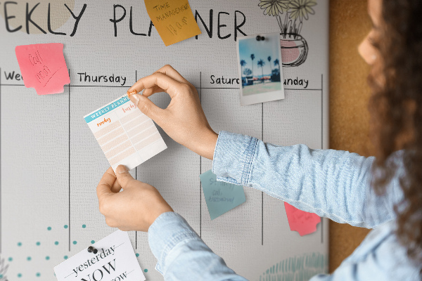 Wochenplaner buntes Design mit Pflanzen und Korkoberfläche