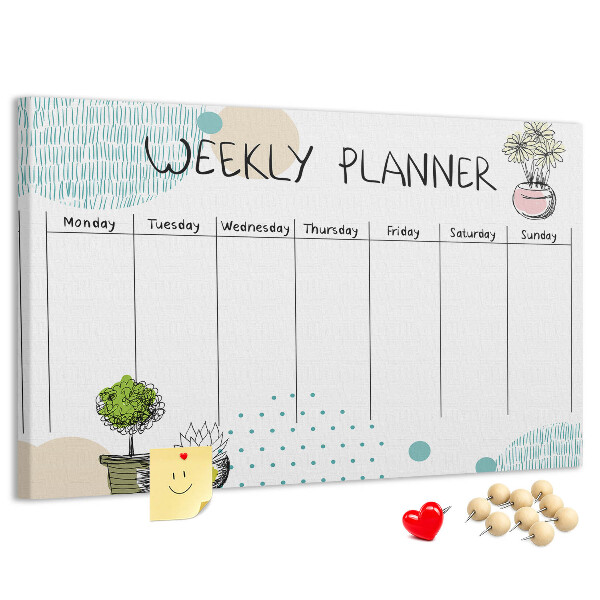 Wochenplaner buntes Design mit Pflanzen und Korkoberfläche