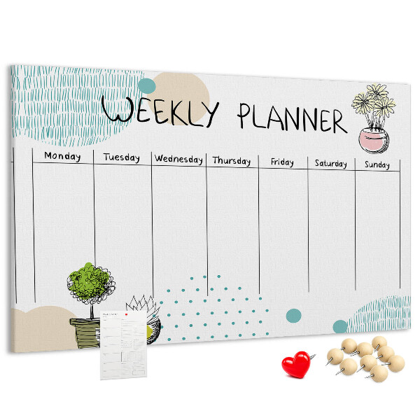 Wochenplaner buntes Design mit Pflanzen und Korkoberfläche