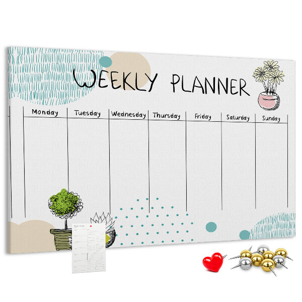 Wochenplaner buntes Design mit Pflanzen und Korkoberfläche