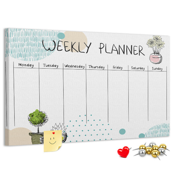 Wochenplaner buntes Design mit Pflanzen und Korkoberfläche