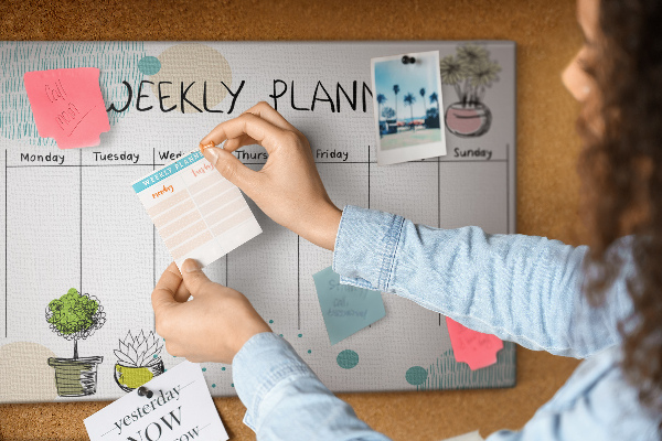 Wochenplaner buntes Design mit Pflanzen und Korkoberfläche
