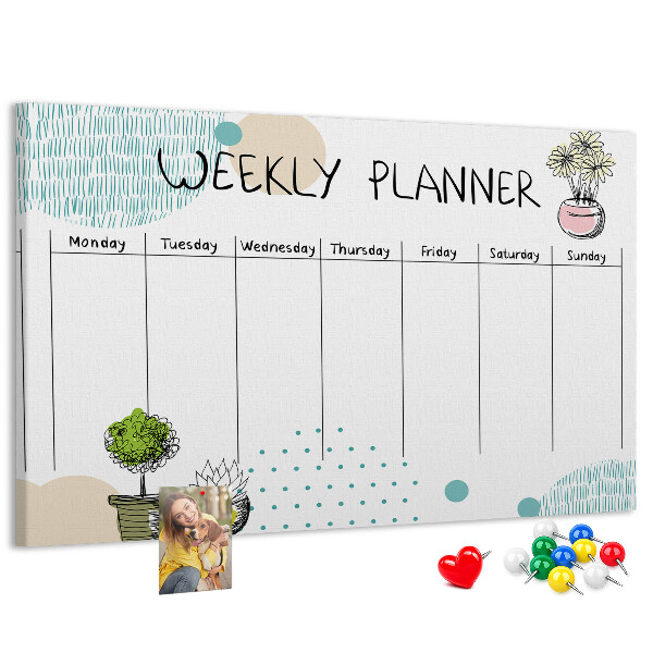 Wochenplaner buntes Design mit Pflanzen und Korkoberfläche