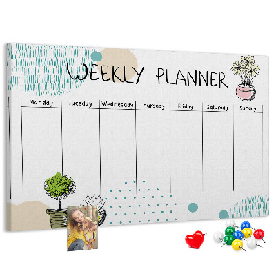 Wochenplaner buntes Design mit Pflanzen und Korkoberfläche