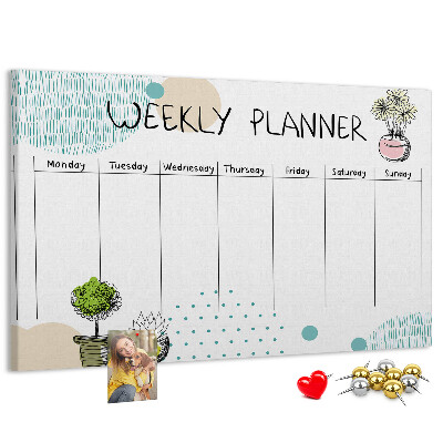 Wochenplaner buntes Design mit Pflanzen und Korkoberfläche