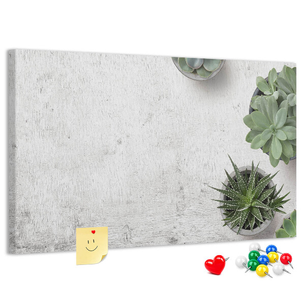 Korktafel mit Motiv Topfpflanzen auf grauem Hintergrund