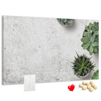 Korktafel mit Motiv Topfpflanzen auf grauem Hintergrund