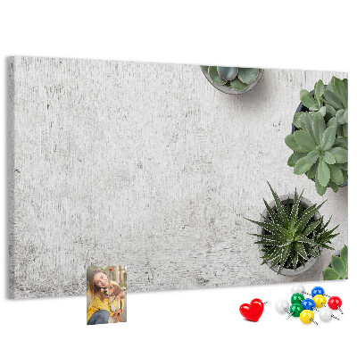Korktafel mit Motiv Topfpflanzen auf grauem Hintergrund