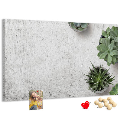Korktafel mit Motiv Topfpflanzen auf grauem Hintergrund