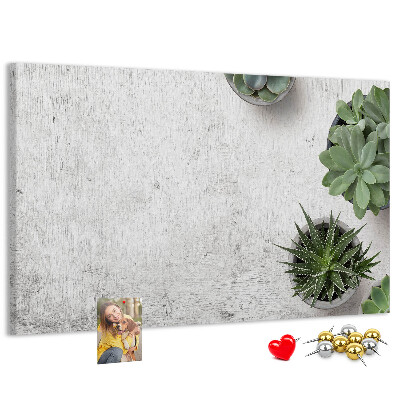 Korktafel mit Motiv Topfpflanzen auf grauem Hintergrund