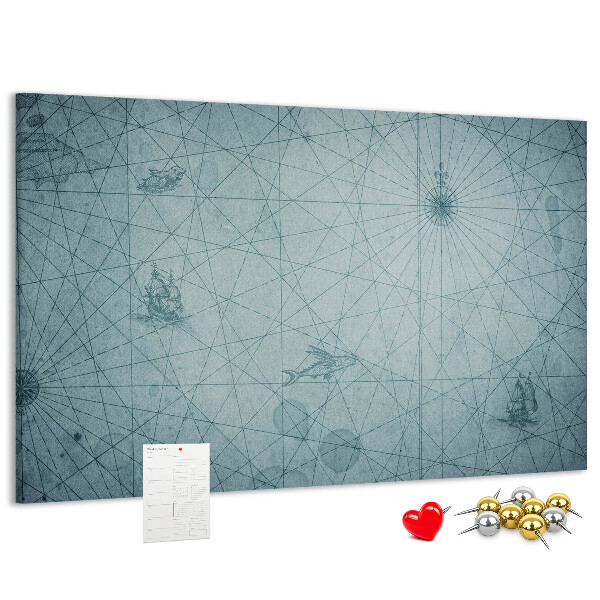 Korktafel mit antiker Karte und geometrischen Mustern
