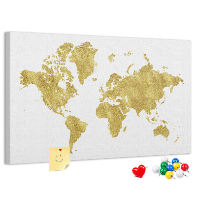 Kork-Pinnwand mit Motiv einer goldenen Weltkarte auf weißem Hintergrund