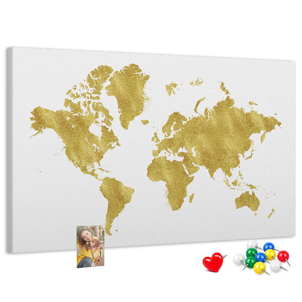 Kork-Pinnwand mit Motiv einer goldenen Weltkarte auf weißem Hintergrund