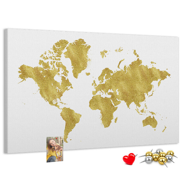 Kork-Pinnwand mit Motiv einer goldenen Weltkarte auf weißem Hintergrund