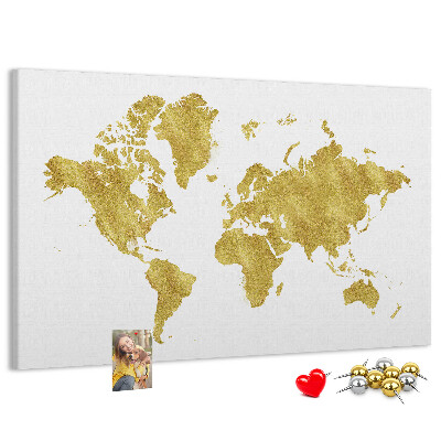 Kork-Pinnwand mit Motiv einer goldenen Weltkarte auf weißem Hintergrund