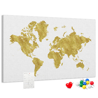 Kork-Pinnwand mit Motiv einer goldenen Weltkarte auf weißem Hintergrund
