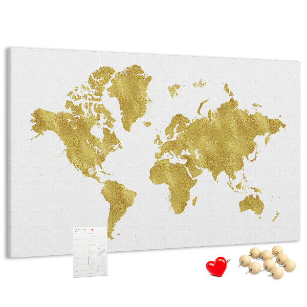 Kork-Pinnwand mit Motiv einer goldenen Weltkarte auf weißem Hintergrund