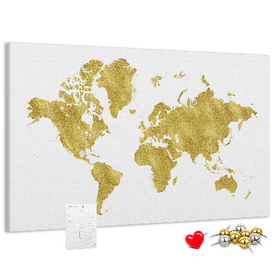 Kork-Pinnwand mit Motiv einer goldenen Weltkarte auf weißem Hintergrund