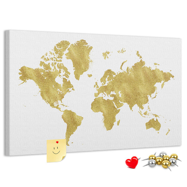 Kork-Pinnwand mit Motiv einer goldenen Weltkarte auf weißem Hintergrund
