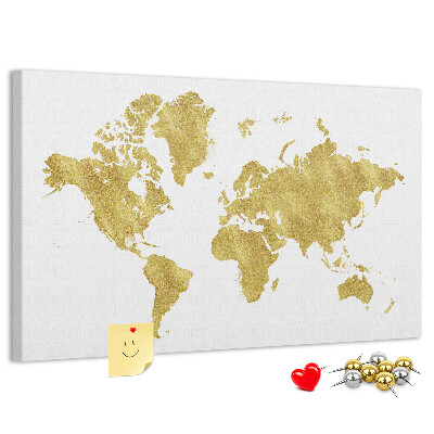 Kork-Pinnwand mit Motiv einer goldenen Weltkarte auf weißem Hintergrund