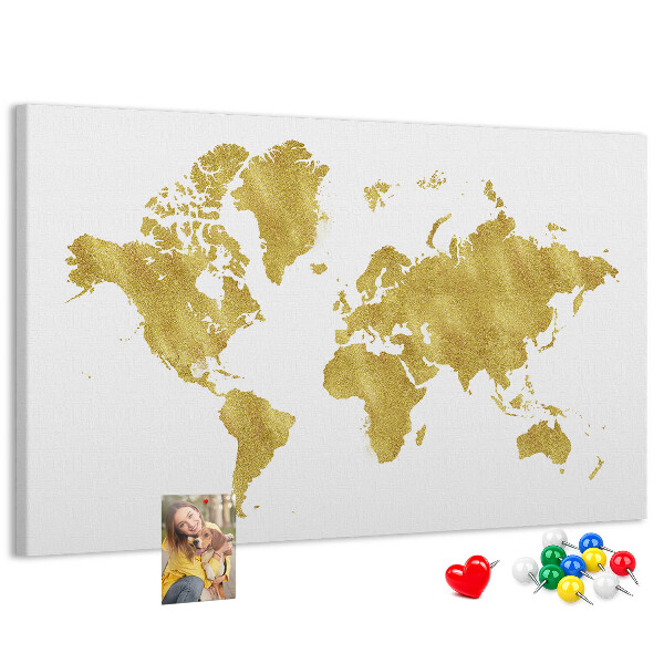 Kork-Pinnwand mit Motiv einer goldenen Weltkarte auf weißem Hintergrund