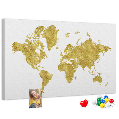 Kork-Pinnwand mit Motiv einer goldenen Weltkarte auf weißem Hintergrund