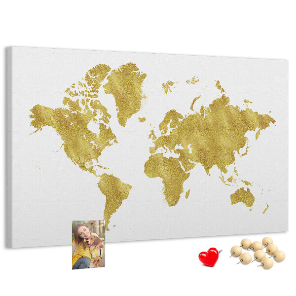 Kork-Pinnwand mit Motiv einer goldenen Weltkarte auf weißem Hintergrund